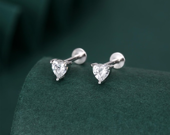 Sterling Silver 4mm Heart Moissanite 16G Flat Back Labret Earrings