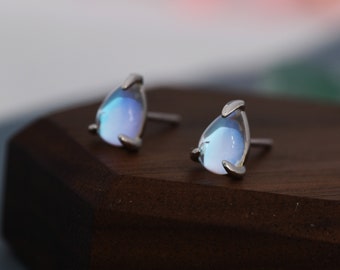 Orecchini Pendenti Fatti A Mano Con Pietra Di Luna Blu Naturale, Cabochon, Lunghi 6 Cm, Regalo Portafortuna - 6