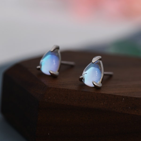 Sterling Silver Droplet Moonstone Stud Earrings, Prong Set, Mermaid Colour Earrings, Simulated Moonstone Glass Earrings, Minimalist