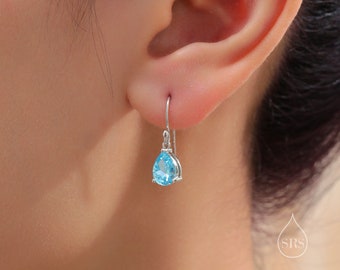 Sterling Silver Aquamarine Blue CZ Droplet Drop Earrings in Sterling Silver, Silver or Gold, Pear Shape Cubic Zirconia Hook Earrings