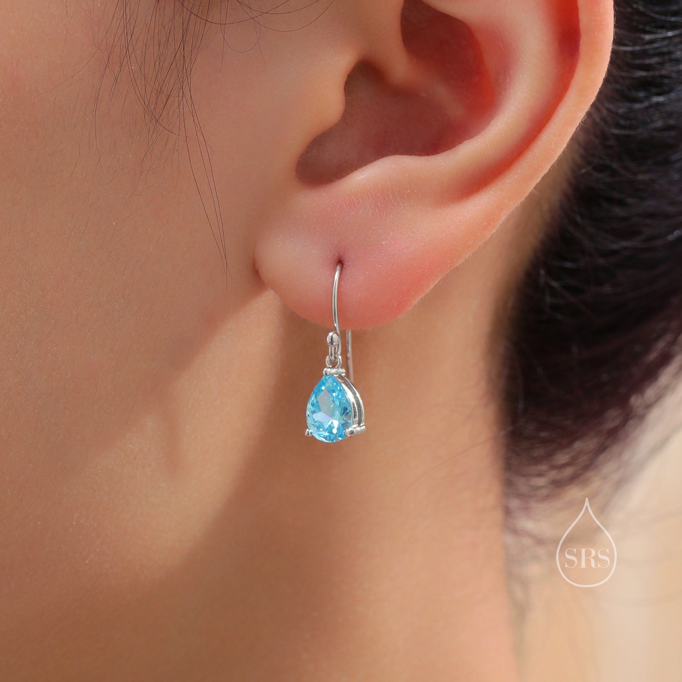 Sterling Silver Aquamarine Blue CZ Droplet Drop Earrings in Sterling Silver, Silver or Gold, Pear Shape Cubic Zirconia Hook Earrings