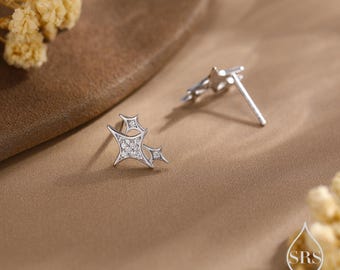Sparkly Stars CZ Stud Earrings in Sterling Silver, Four