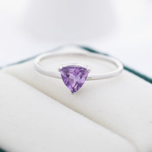 Genuine Amethyst Ring in Sterling Silver, Natural Trillion Cut Amethyst Stone Ring, Stacking Rings, US 5-8