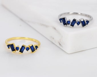 Sapphire Blue Baguette CZ Cluster Ring in Sterling Silver, Silver or Gold, Organic Shape CZ Ring, US 5 - 8