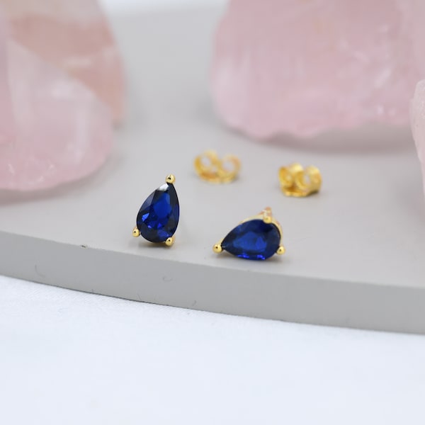 Sterling Silver Sapphire Blue Droplet Earrings,  Pear Cut Sapphire Earrings,  September Birthstone CZ Earrings, Silver, Gold or Rose Gold