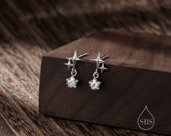 Tiny Star and Dangle CZ Stud Earrings in Sterling Silver, Silver or Gold, Aurora Star Earrings, Sunburst Earrings, Celestial