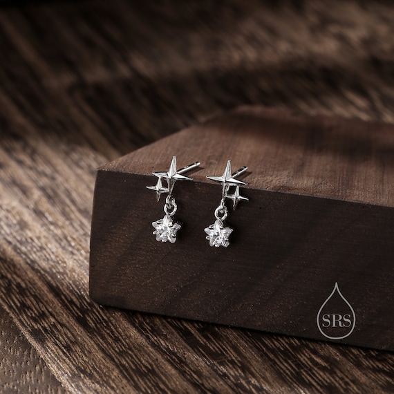 Tiny Star and Dangle CZ Stud Earrings in Sterling Silver, Silver