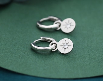 Starburst Disk Charm Huggie Hoop Earrings in Sterling Silver with Detachable Coin Charms, North Star Celestial Geometric Design