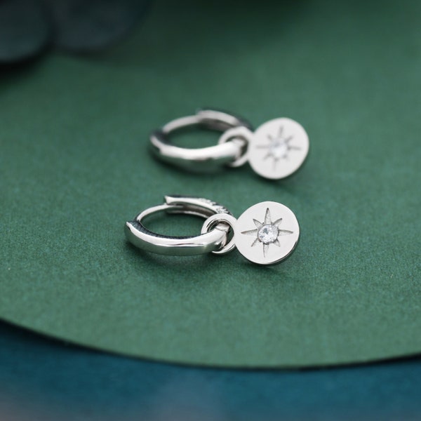 Starburst Disk Charm Huggie Hoop Earrings in Sterling Silver with Detachable Coin Charms, North Star Celestial Geometric Design