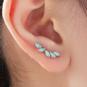 Aqua Green Opal Marquise Cluster Crawler Earrings in Sterling Silver, Marquise Cluster Ear Climbers, Silver or Gold , Lab Opal Earrings