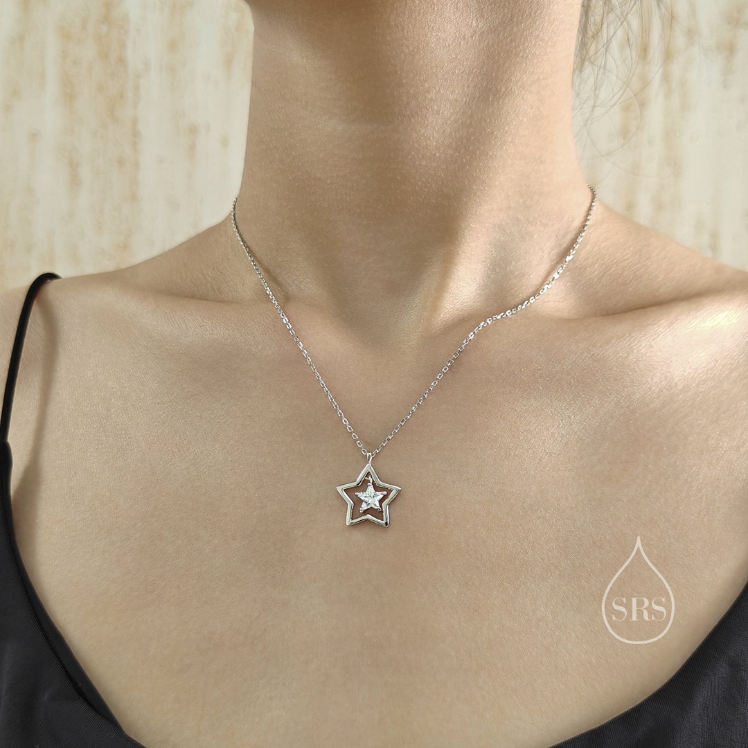 CZ Star Pendant Necklace in Sterling Silver, Silver or Gold, Open Star Halo Necklace - Etsy CZ Star Pendant Necklace in Sterling Silver, Silver or Gold, Open Star Halo Necklace - Etsy