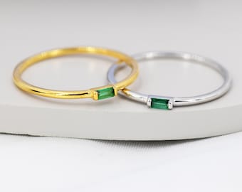 Emerald Green Baguette CZ Ring in Sterling Silver, Silver or Gold, Minimalist Single Baguette CZ Ring US 5 - 8