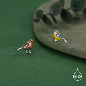 Niet-overeenkomende Robin Bird en pimpelmees oorknopjes in sterlingzilver, asymmetrische emaille vogeloorbellen, zilver of goud