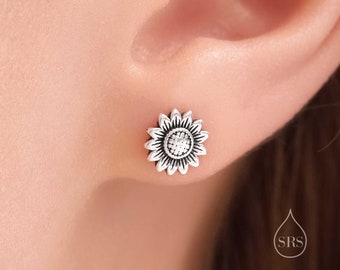 Sunflower Stud Earrings in Sterling Silver, Oxidised Silver or Gold, Delicate Sunflower Earrings