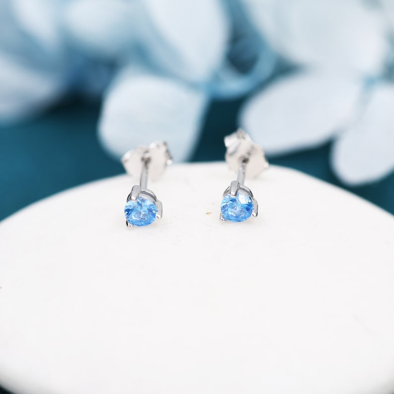 Aquamarine Blue CZ Stud Earrings in Sterling Silver, 3mm, Three Prong, Blue Stacking Earrings image 3