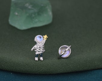 Mismatched Astronaut and Planet  Stud Earrings in Sterling Silver, Asymmetric Planet and Spaceman Earrings with Moonstone, Cute and Fun