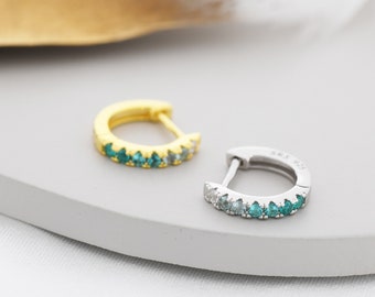 Emerald Green Ombre CZ Huggie Hoops in Sterling Silver, Silver or Gold, Minimalist Hoop Earrings, 8mm Hoops, cartilage hoops, Gradient