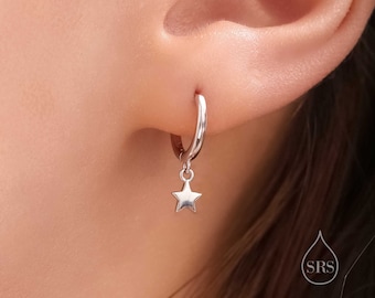 Pair of Star Huggie Hoop Earrings in Sterling Silver, Dangle Star Hoops, Celestial Earrings, Silver, Gold or Rose Gold