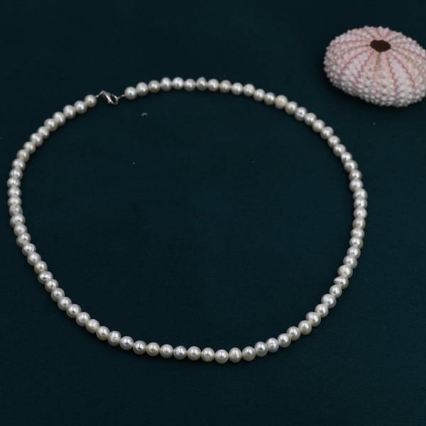 Collier de perles d'eau douce véritables en argent sterling, Collier de perles d'eau douce rondes de 4 mm de forme légèrement irrégulière, homme ou femme, unisexe