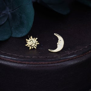Mismatched Sun and Moon Stud Earrings in Sterling Silver, Asymmetric Man in the Moon and Sun Face Earrings, Silver Moon Face Earrings image 7