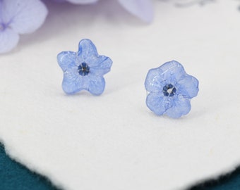 Resin Forget-Me-Not Flower Stud Earrings in Sterling Silver, Real Flower Earrings, Resin Flower Jewellery - Blue