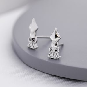 Squid Stud Earrings in Sterling Silver, Squid Fish Earrings, Nature Inspired Animal Earrings, Ocean Animal