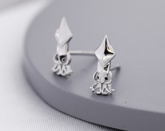 Squid Stud Earrings in Sterling Silver, Squid Fish Earrings, Nature Inspired Animal Earrings, Ocean Animal