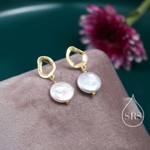 Genuine Freshwater Pearl Drop Stud Earrings, Baroque Pearl, Keshi Pearl, Coin, Sterling silver with 18ct Gold Plating, Contemporary Design
