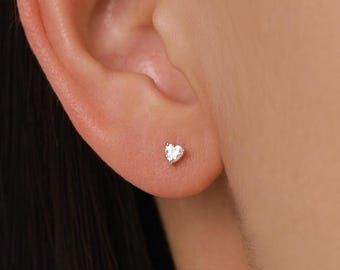 Sterling Silver 3MM Heart Moissanite Stud Earrings - Extra Tiny