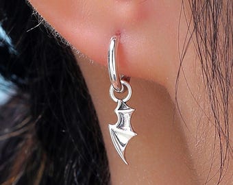 Bat Wing Huggie Hoop Earrings in Sterling Silver, Silver or Gold or Rose Gold, Demon Wing Earrings, Devil Wing Earrings, Detachable