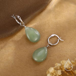 Sterling Silver Green Aventurine Jade Droplet Hoop Earrings, Detachable Green Jade Coin Charm Dangle Hoop Earrings
