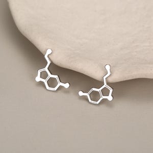 Może przedstawiać: Para srebrnych kolczyków w kształcie struktury chemicznej serotoniny. Każdy kolczyk posiada centralny sześciokątny pierścień połączony z pięciokątnym pierścieniem oraz krótkim łańcuchem atomów zakończonym małym, okrągłym punktem końcowym.
