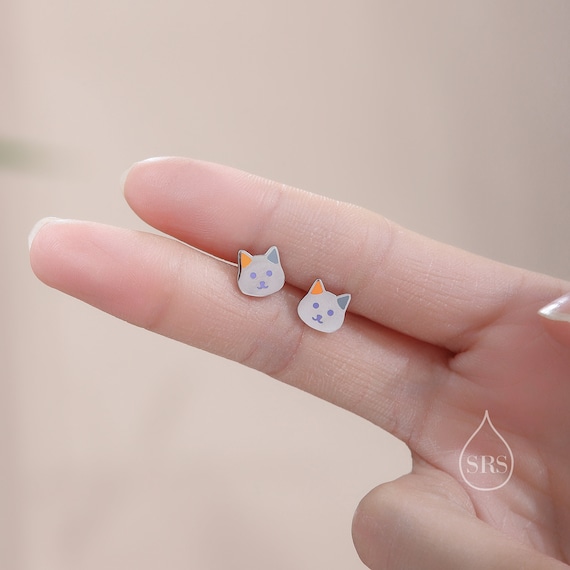 Pink Kitty Cat Face Stud Earrings Sterling Silver with Sparkly Enamel Color Pink Kitty Cat Face Stud Earrings Sterling Silver with Sparkly Enamel Color
