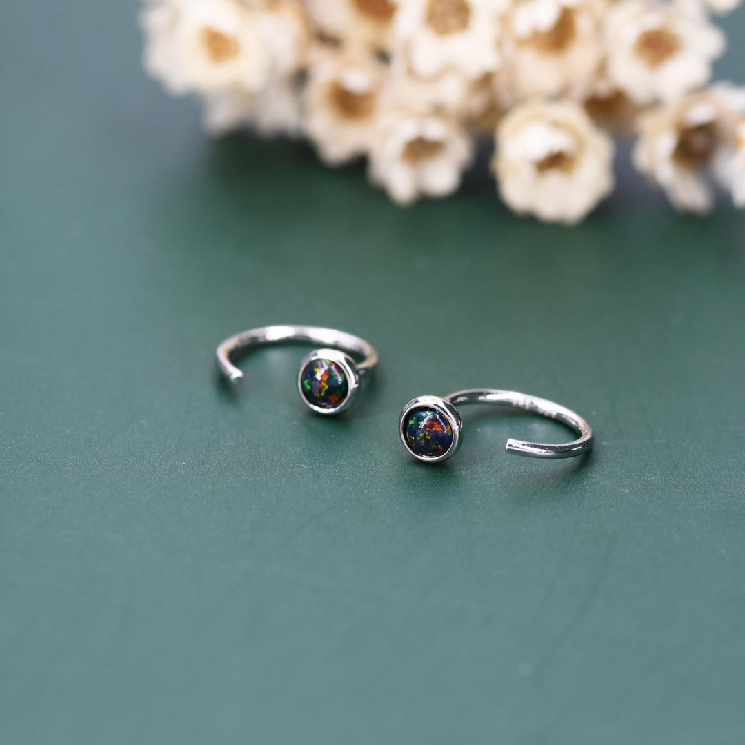 Minimalist Black Opal Huggie Hoop Threader Earrings in Sterling Silver, Gold or Silver, Pull Through Open Hoop Earrings
