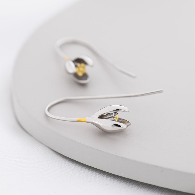 Snowdrop Flower Drop Earrings in Sterling Silver, Silver and Gold, Nature Inspired Flower Earrings, January Birth Flower, Botanical image 7