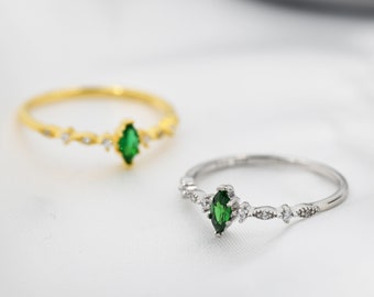 Vintage Inspired Emerald Green CZ Ring in Sterling Silver, Marquise Ring, Delicate Emerald Ring, Size US 5 - 8