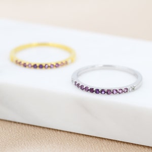 Amethyst Purple Ombre Half Eternity Ring in Sterling Silver, Silver or Gold, Purple Amethyst CZ Skinny Stacking Ring US 5 - 8