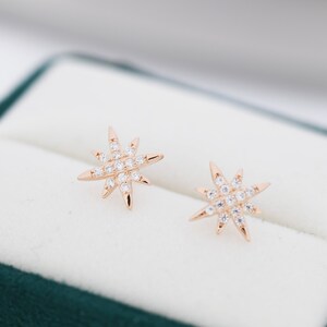 Starburst Stud Earrings in Sterling Silver with Sparkly CZ Crystals, North Star Earrings, Silver Gold and Rose Gold, Celestial Jewellery image 5