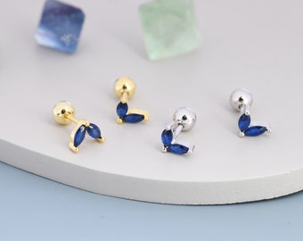 Sterling Silver Sapphire Blue CZ Marquise Leaf Duo Barbell Earrings,  Gold or Silver, Marquise Fan Screw back Earrings, Screwback Earrings