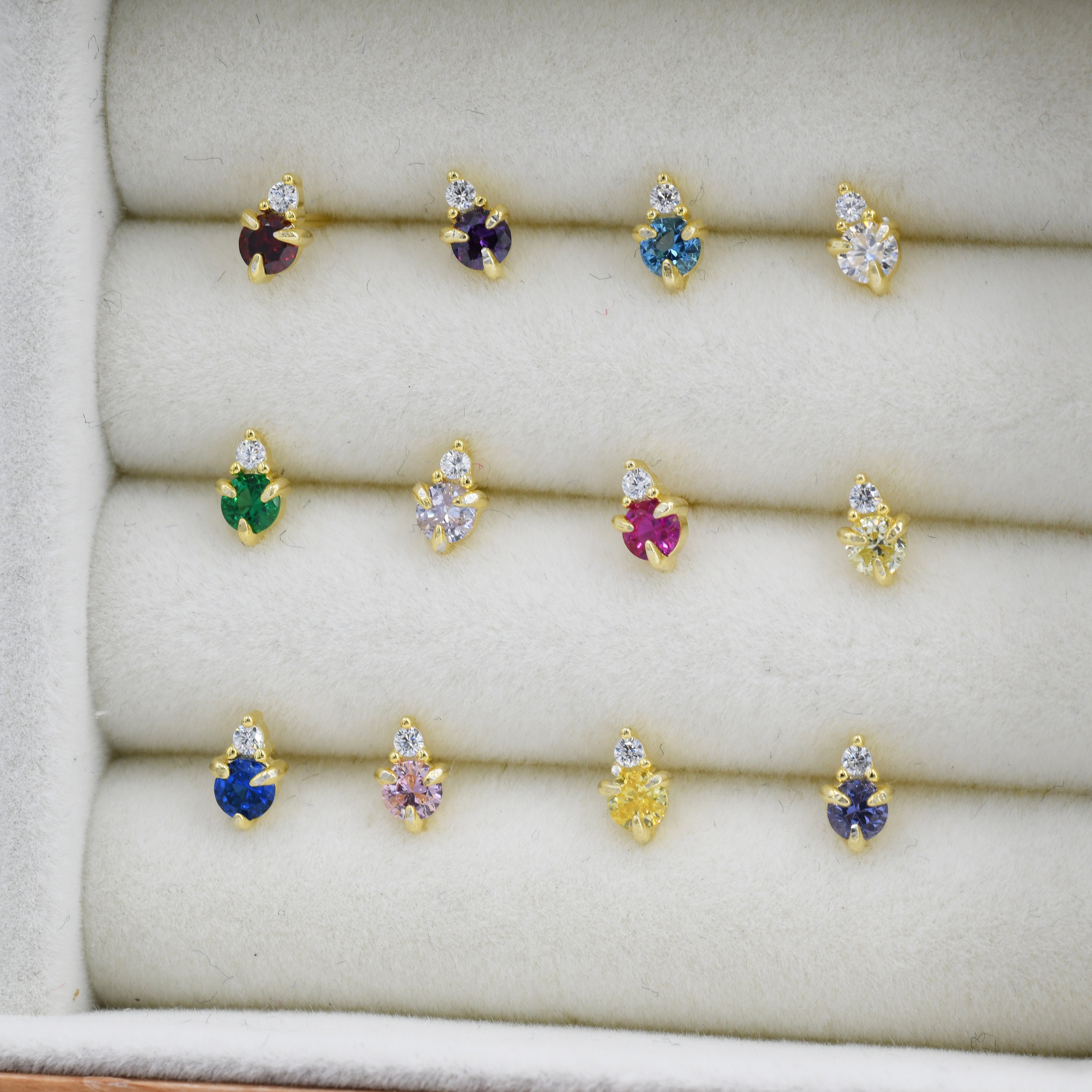 Sterling Silver Tiny Birthstone Stud Earrings,  3mm Birthstone CZ Earrings, Stacking Earrings, Crown Earrings