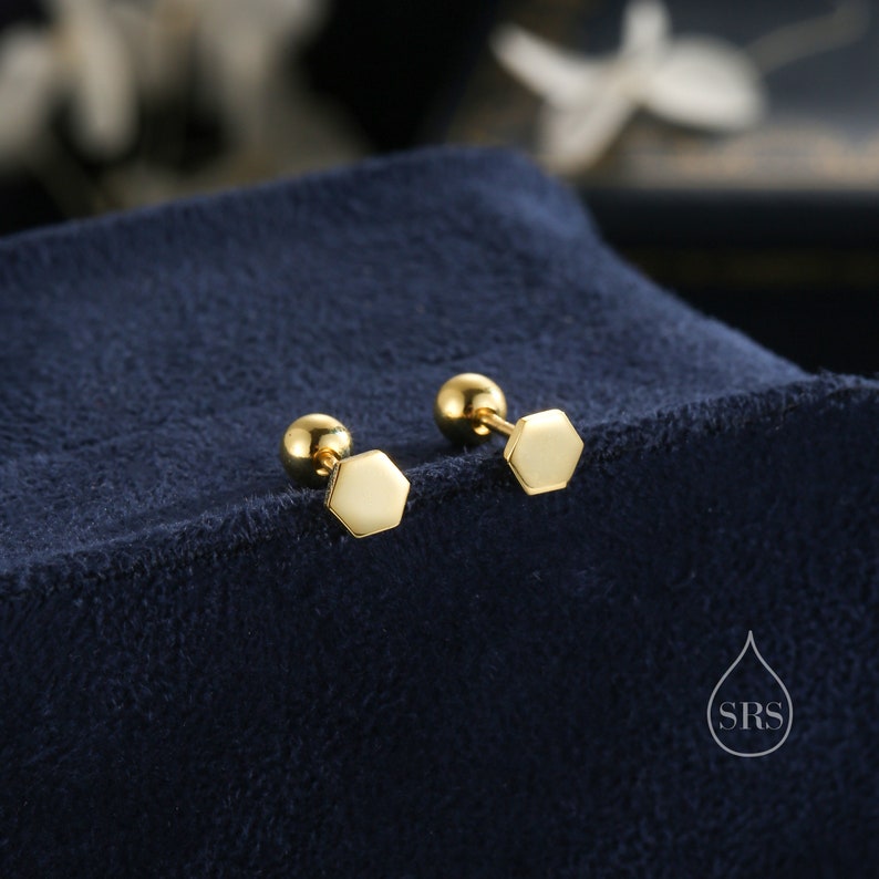 Tiny Hexagon Barbell Earrings in Sterling Silver, Silver or Gold, Screw Back Black Hexagon Earrings, Screwback Earrings zdjęcie 9