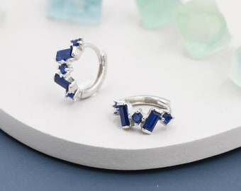 Sapphire Blue Baguette CZ Cluster Huggie Hoop in Sterling Silver, Silver or Gold, Geometric Hoop Earrings, Irregular Shaped