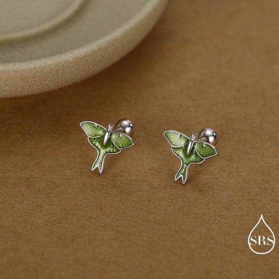 Lunar Moth Enamel 18G Screw Back Earrings in Sterling Silver, Animal Earrings