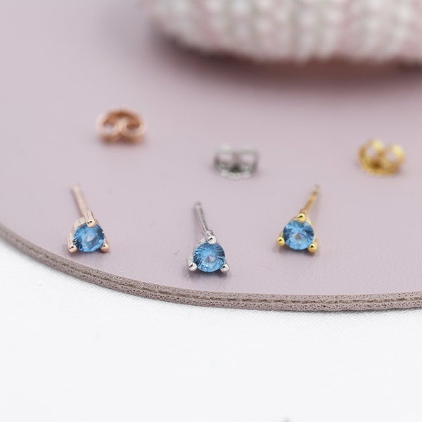 Sterling Silver Aquamarine Blue Stud Earrings,  3mm March Birthstone CZ Earrings, Three Prong, Silver, Gold or Rose Gold, Stacking Earrings