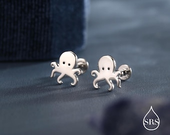 Tiny Octopus 16G Internally Threaded Flat Back Earrings in Sterling Silver, Animal Earrings