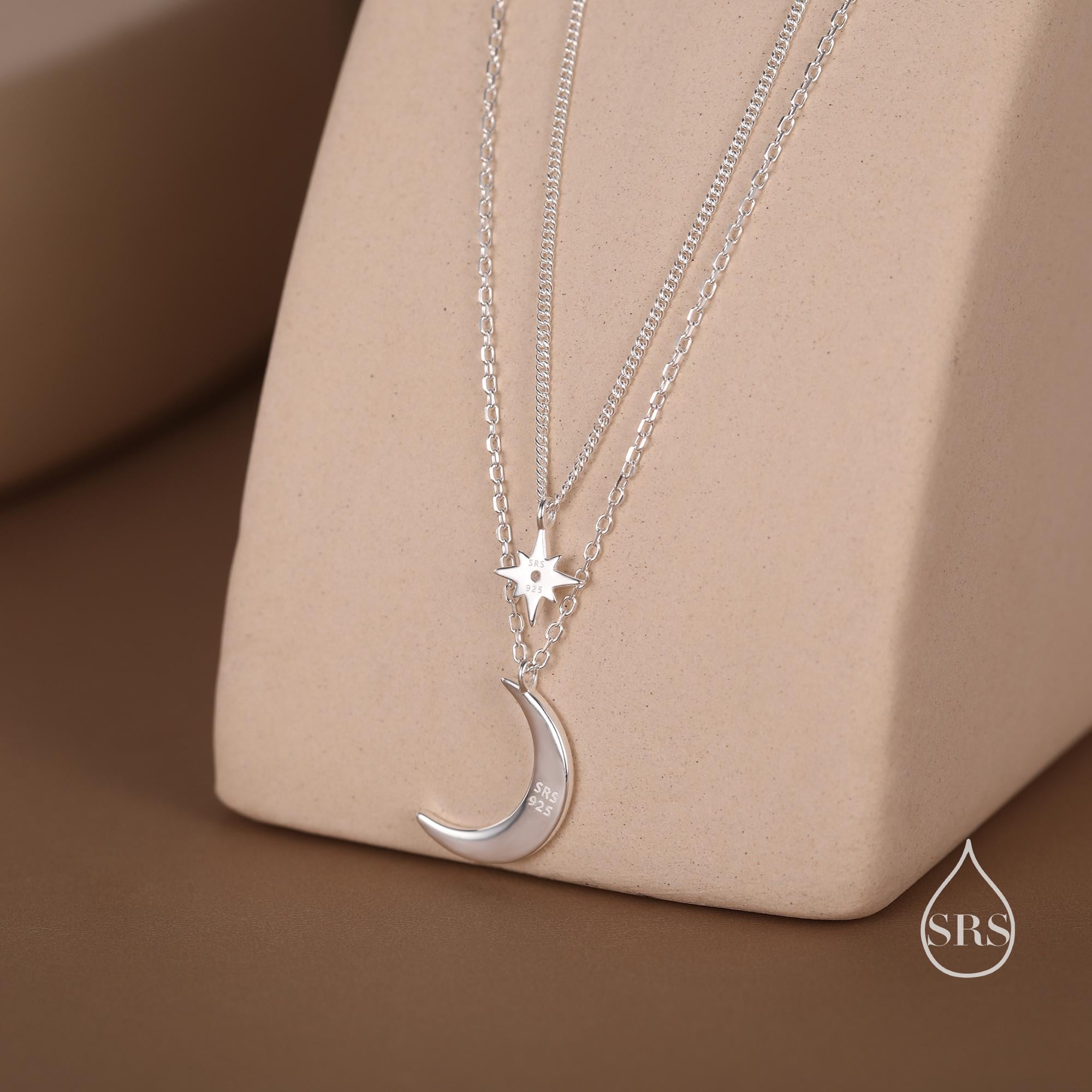 Two Layer Crescent Moon and Star Pendant Necklace in