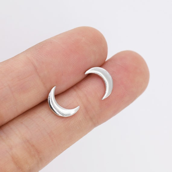 Crescent Moon Stud Earrings in Sterling Silver, Moon