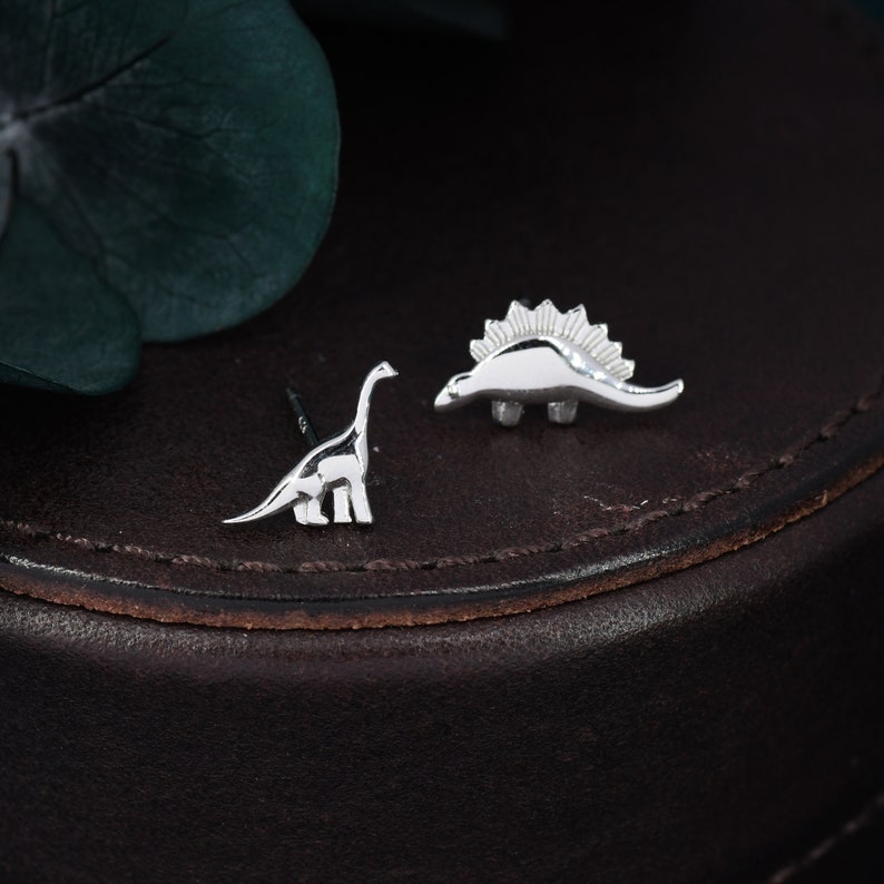 Mismatched Dinosaur Stud Earrings in Sterling Silver, Silver, Gold or Rose Gold, Asymmetric Stegosaurus and Brachiosaurus Dino Earrings image 3