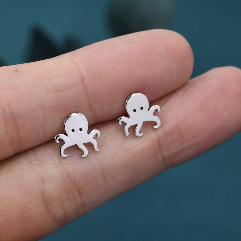 Tiny Octopus Stud Earrings in Sterling Silver Animal Stud Earrings Ocean Fish Earrings Cute, Fun, Whimsical image 6