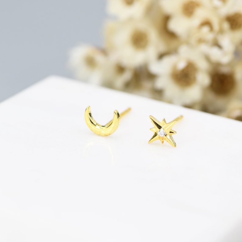 Mismatched Starburst and Moon Stud Earrings in Sterling Silver, Silver or Gold or Rose Gold, Asymmetric CZ Star and Crescent Moon Earrings image 6